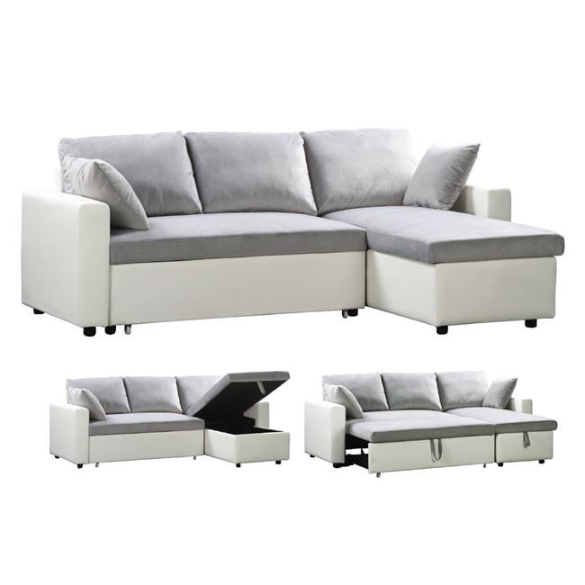 MONTREAL Καναπές Κρεβάτι Γωνία Αναστρέψιμη PU Άσπρο/Microfiber Γκρι